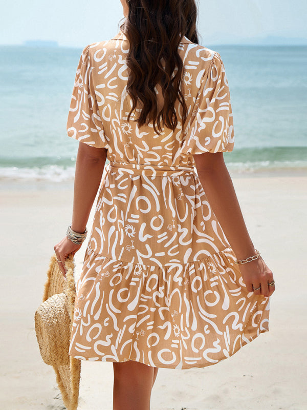 Summer Dresses- Summer Print Button-Up Sundress with Belt-Tie - A-Line Shirt Dress- - IndioGear Fashion and Gear