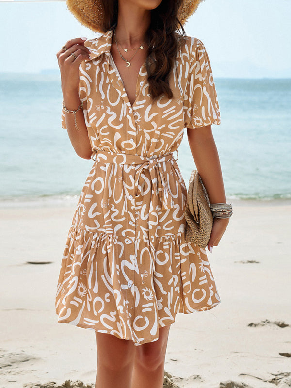 Summer Dresses- Summer Print Button-Up Sundress with Belt-Tie - A-Line Shirt Dress- - IndioGear Fashion and Gear