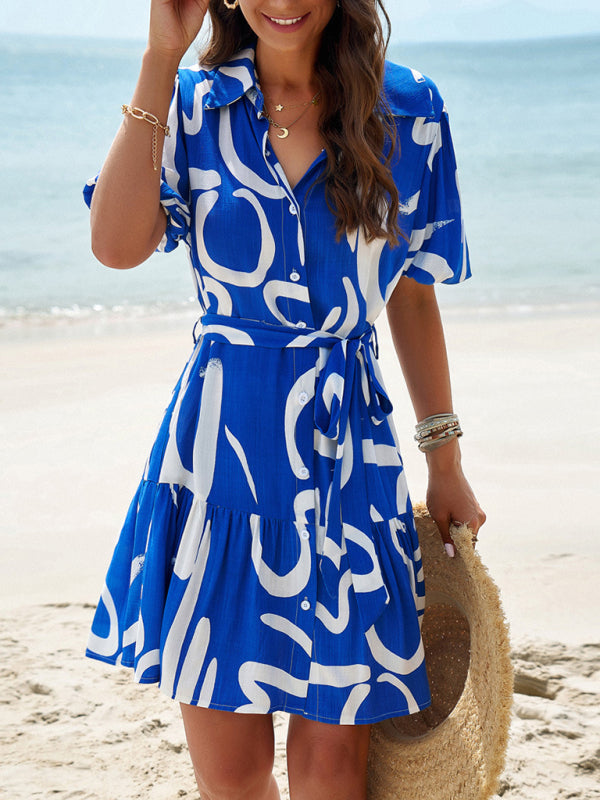 Summer Dresses- Summer Print Button-Up Sundress with Belt-Tie - A-Line Shirt Dress- - IndioGear Fashion and Gear