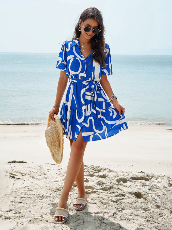 Summer Dresses- Summer Print Button-Up Sundress with Belt-Tie - A-Line Shirt Dress- - IndioGear Fashion and Gear