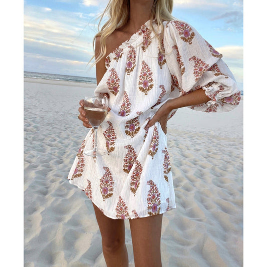 Summer Dresses- Vacation Glamour: One Shoulder Lantern Sleeve Floral Dress- White- IndioGear Clothing and Gear