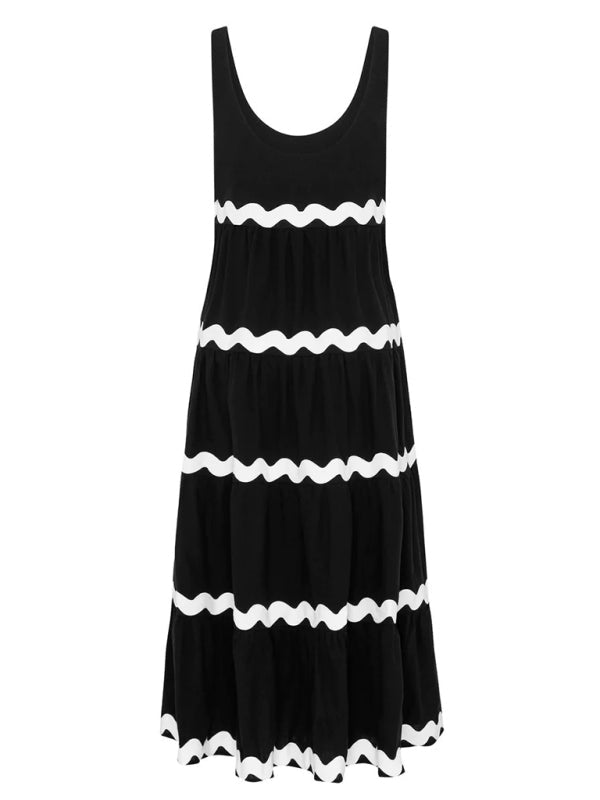 Summer Dresses- Vacation Ric-Rac Trimmed Flowy Sleeveless Maxi Dress- - IndioGear Fashion and Gear