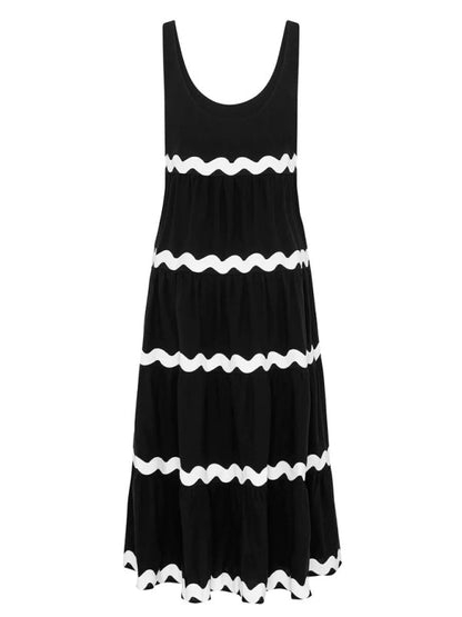 Summer Dresses- Vacation Ric-Rac Trimmed Flowy Sleeveless Maxi Dress- - IndioGear Fashion and Gear