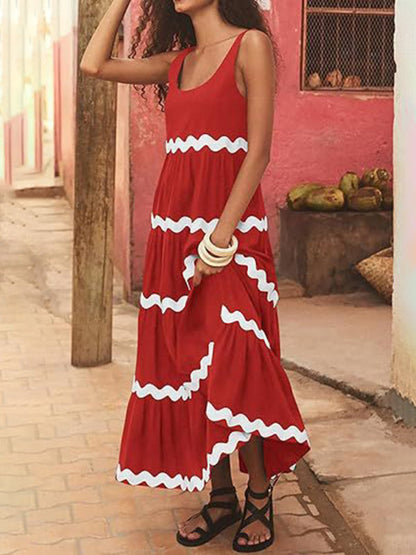 Summer Dresses- Vacation Ric-Rac Trimmed Flowy Sleeveless Maxi Dress- - IndioGear Fashion and Gear