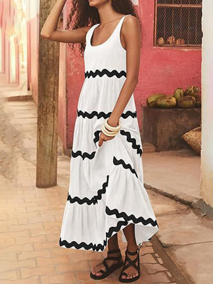 Summer Dresses- Vacation Ric-Rac Trimmed Flowy Sleeveless Maxi Dress- - IndioGear Fashion and Gear