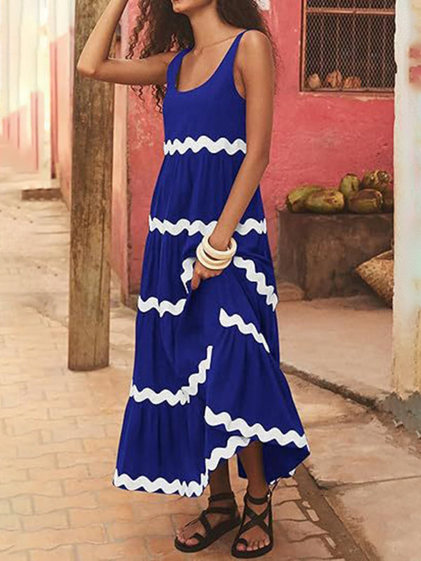 Summer Dresses- Vacation Ric-Rac Trimmed Flowy Sleeveless Maxi Dress- - IndioGear Fashion and Gear