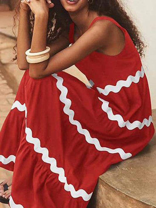 Summer Dresses- Vacation Ric-Rac Trimmed Flowy Sleeveless Maxi Dress- Red- IndioGear Fashion and Gear