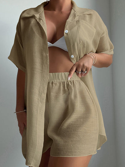 Summer Outfit- Laid-Back Vibes in Sheer Open Shirt and Shorts - 2-Piece See-Through Cover-Up Set- - IndioGear Fashion and Gear