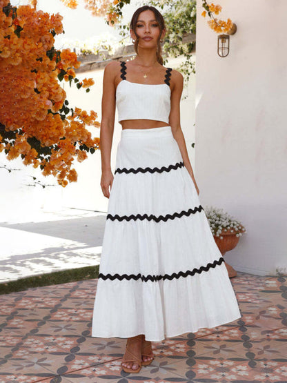 Summer Outfits- Cotton Contrast Trim 2-Piece Cami Crop Top and Ruffle Tiered Maxi Skirt- White- IndioGear Fashion and Gear