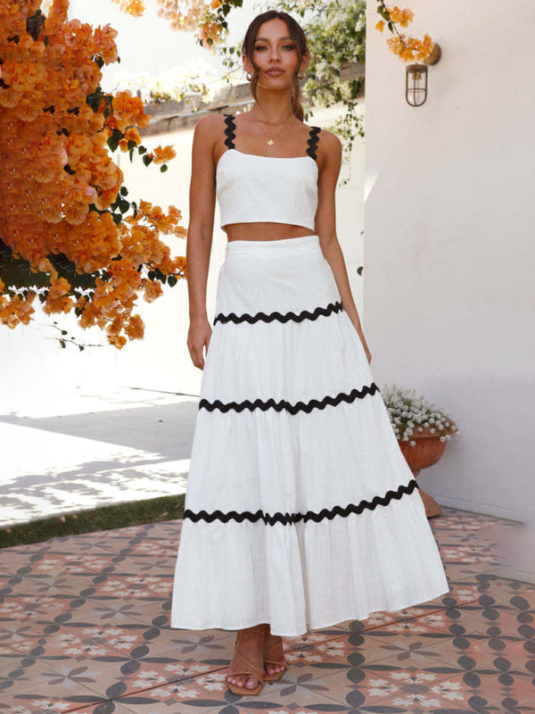 Summer Outfits- Cotton Contrast Trim 2-Piece Cami Crop Top and Ruffle Tiered Maxi Skirt- - IndioGear Fashion and Gear