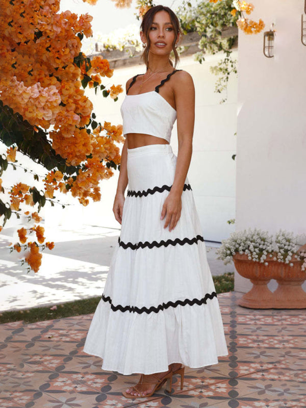 Summer Outfits- Cotton Contrast Trim 2-Piece Cami Crop Top and Ruffle Tiered Maxi Skirt- - IndioGear Fashion and Gear