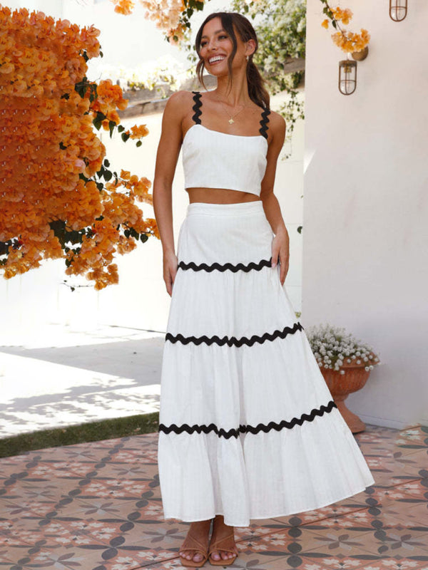 Summer Outfits- Cotton Contrast Trim 2-Piece Cami Crop Top and Ruffle Tiered Maxi Skirt- - IndioGear Fashion and Gear