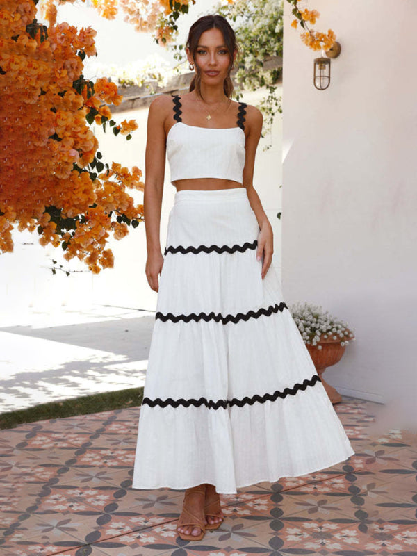 Summer Outfits- Cotton Contrast Trim 2-Piece Cami Crop Top and Ruffle Tiered Maxi Skirt- - IndioGear Fashion and Gear