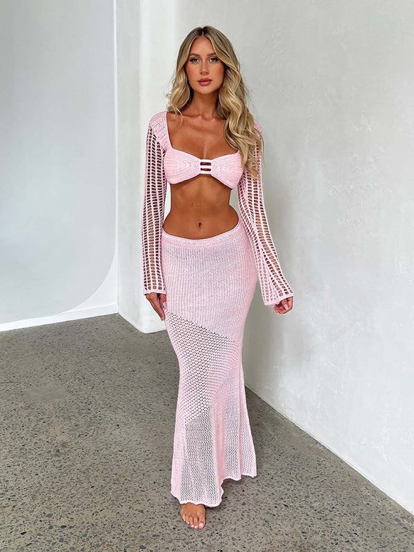 Summer Outfits-Crochet Beach Outfit with Long Sleeve Crop Top and Long Skirt-Pekosa Women Clothing