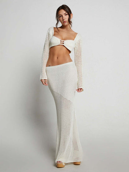 Summer Outfits-Crochet Beach Outfit with Long Sleeve Crop Top and Long Skirt-Pekosa Women Clothing