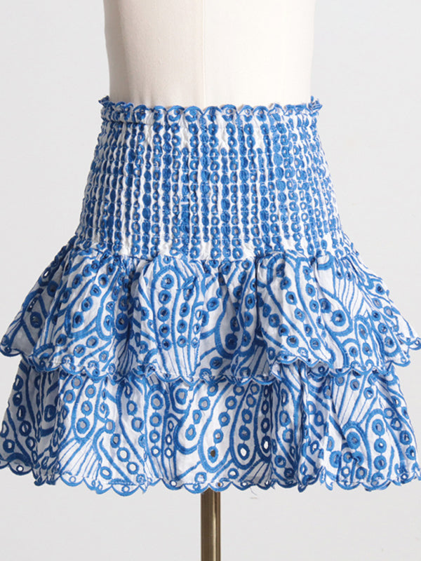 Eyelet Smocked 2-Piece Summer Cocktail - Off-Shoulder Top & Layered Mini Skirt