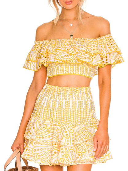 Eyelet Smocked 2-Piece Summer Cocktail - Off-Shoulder Top & Layered Mini Skirt