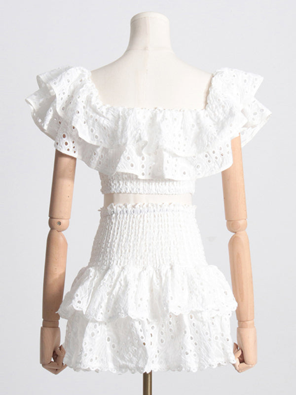 Eyelet Smocked 2-Piece Summer Cocktail - Off-Shoulder Top & Layered Mini Skirt