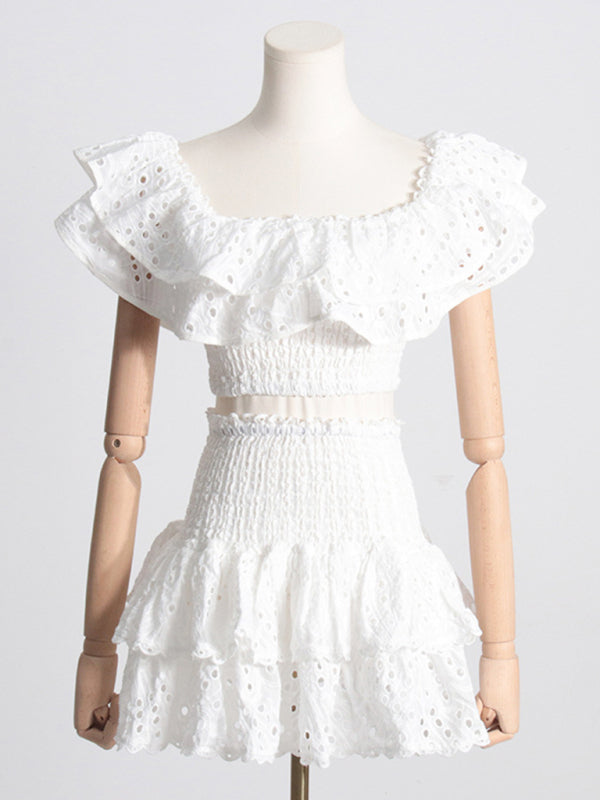 Eyelet Smocked 2-Piece Summer Cocktail - Off-Shoulder Top & Layered Mini Skirt