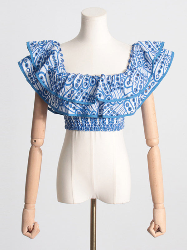 Eyelet Smocked 2-Piece Summer Cocktail - Off-Shoulder Top & Layered Mini Skirt