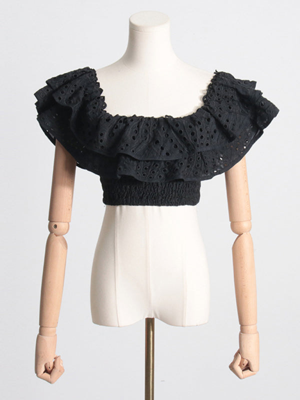 Eyelet Smocked 2-Piece Summer Cocktail - Off-Shoulder Top & Layered Mini Skirt