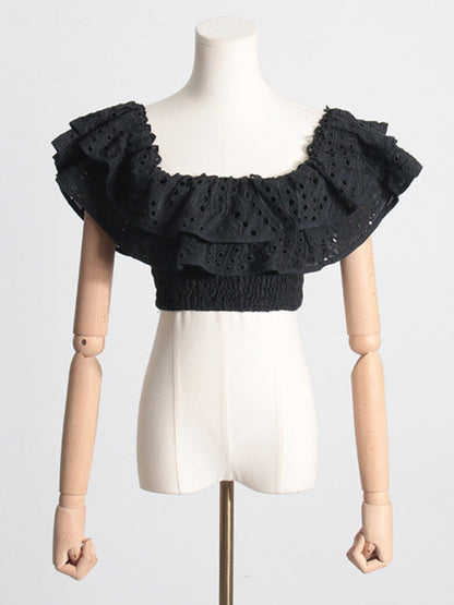 Eyelet Smocked 2-Piece Summer Cocktail - Off-Shoulder Top & Layered Mini Skirt