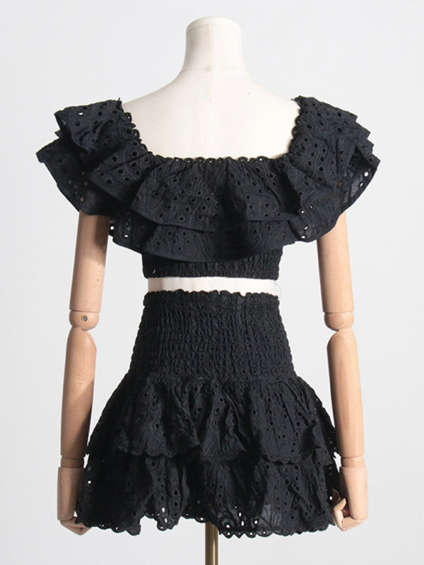 Eyelet Smocked 2-Piece Summer Cocktail - Off-Shoulder Top & Layered Mini Skirt