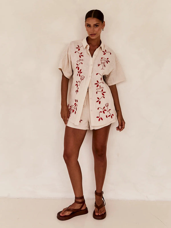 Summer Outfits- Loose Fit 2-Piece Embroidered Shirt & Shorts for Summer- - IndioGear Fashion and Gear