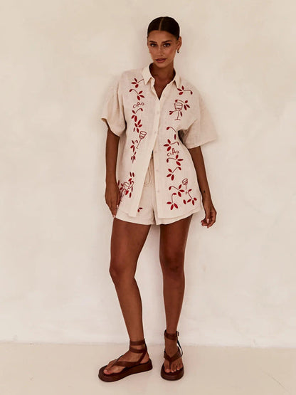 Summer Outfits- Loose Fit 2-Piece Embroidered Shirt & Shorts for Summer- - IndioGear Fashion and Gear