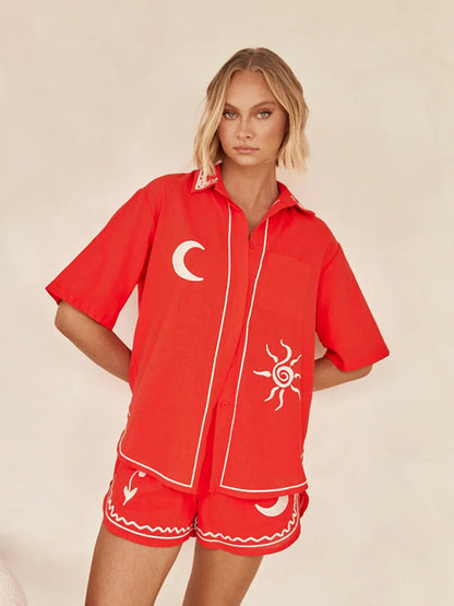 Summer Outfits- Loose Fit 2-Piece Embroidered Shirt & Shorts for Summer- - IndioGear Fashion and Gear