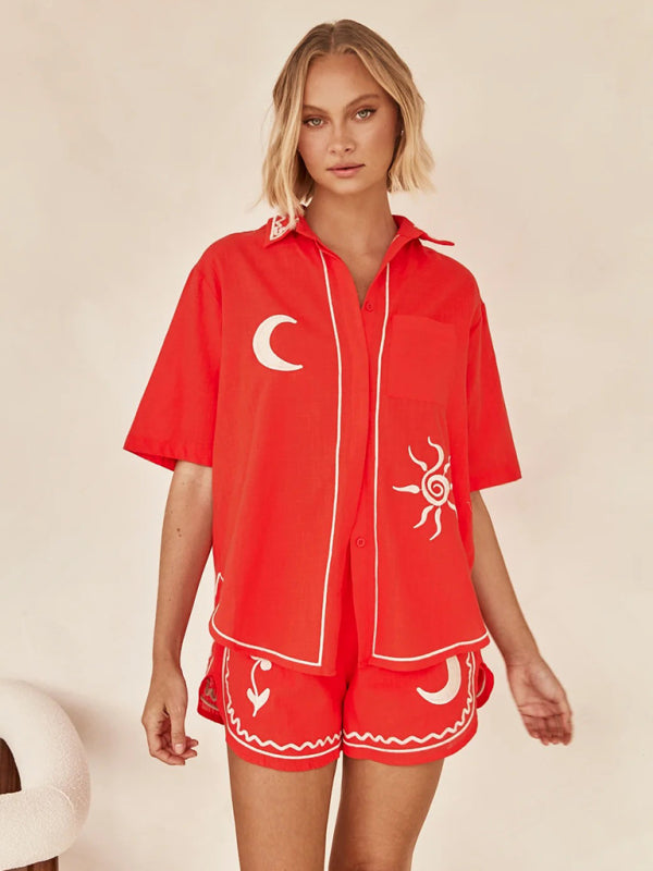 Summer Outfits- Loose Fit 2-Piece Embroidered Shirt & Shorts for Summer- Orange Red- IndioGear Fashion and Gear