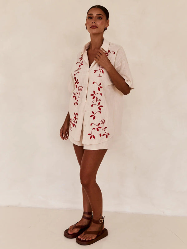 Summer Outfits- Loose Fit 2-Piece Embroidered Shirt & Shorts for Summer- - IndioGear Fashion and Gear