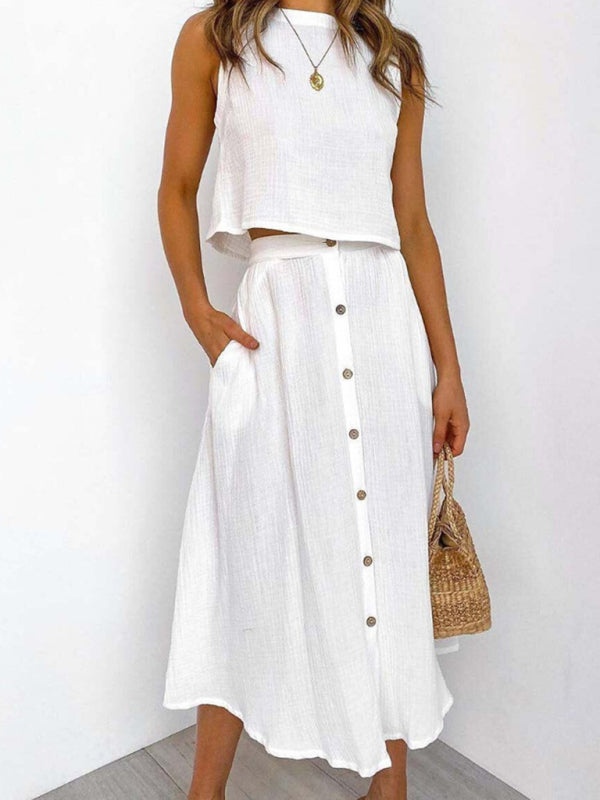 Summer Duo Textured Cotton Tank Top with Button-Up Midi Skirt