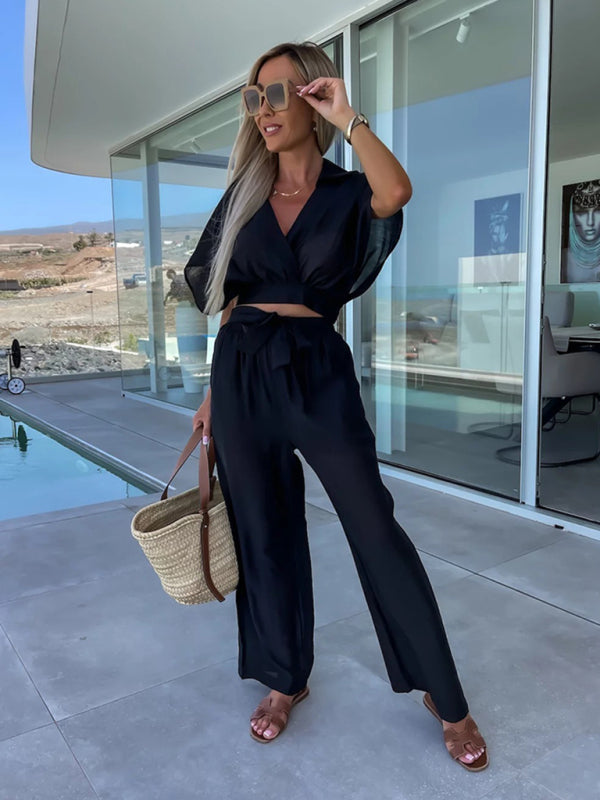 Summer Outfits- Surplice V-Neck Crop Top and Tie Pants - Solid 2 Piece- - IndioGear Fashion and Gear