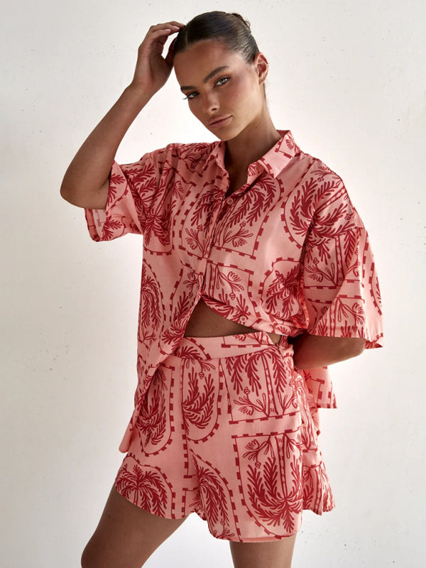 Summer Outfits- Tropical Summer 2-Piece Vacation - Button-Up Shirt and Shorts- Red- IndioGear Fashion and Gear