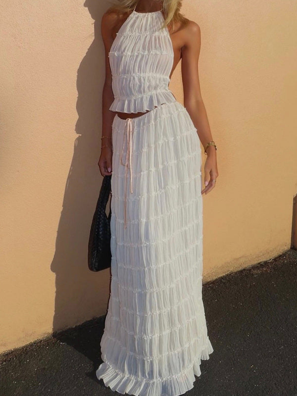 Summer Outfits- Vacation 2 Piece Piped Chiffon Backless Top & Ruched Maxi Skirt- - IndioGear Fashion and Gear