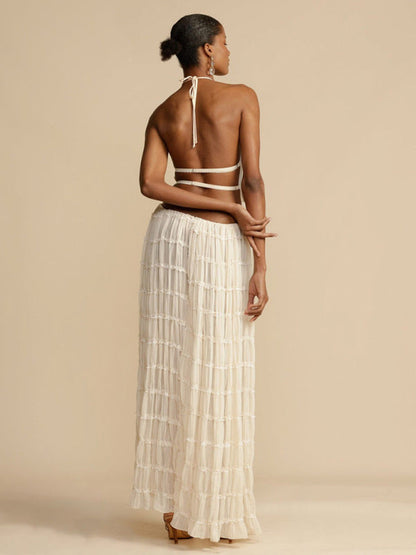 Summer Outfits- Vacation 2 Piece Piped Chiffon Backless Top & Ruched Maxi Skirt- - IndioGear Fashion and Gear