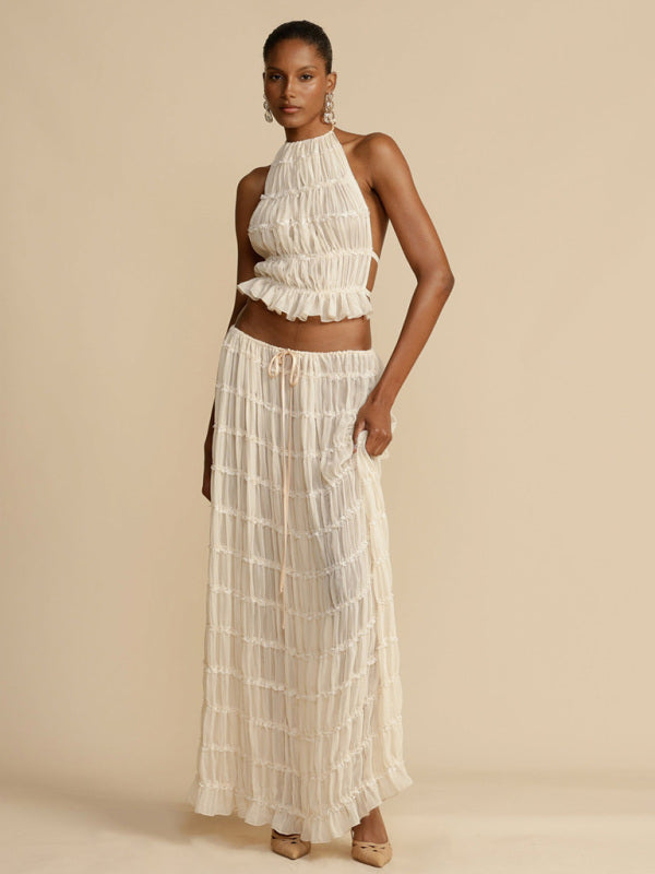 Summer Outfits- Vacation 2 Piece Piped Chiffon Backless Top & Ruched Maxi Skirt- White- IndioGear Fashion and Gear