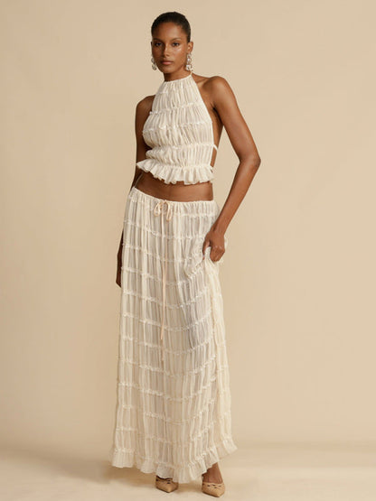 Summer Outfits- Vacation 2 Piece Piped Chiffon Backless Top & Ruched Maxi Skirt- White- IndioGear Fashion and Gear