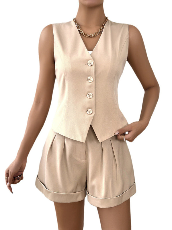 Summer Outfits- Women’s Solid Summer Set – Button-Up Vest and Shorts- - IndioGear Fashion and Gear