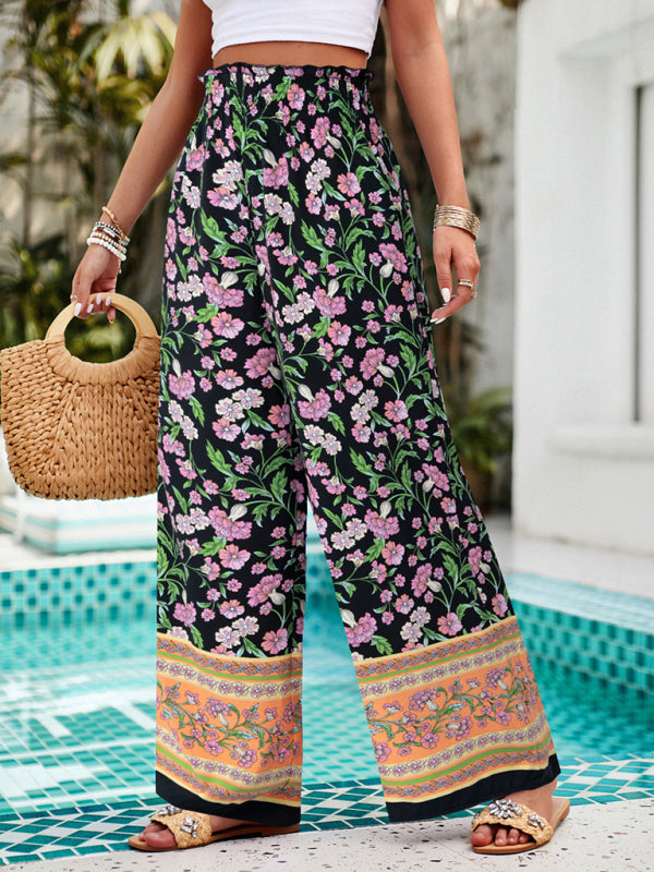 Pantalon Palazzos Floral Taille Haute à Jambes Larges pour L'Été