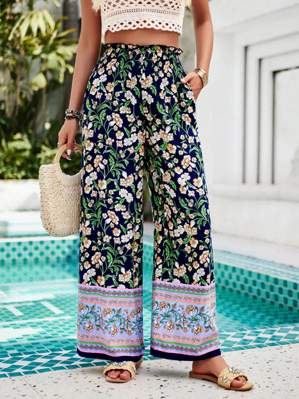 Pantalon Palazzos Floral Taille Haute à Jambes Larges pour L'Été