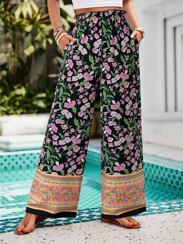 Pantalon Palazzos Floral Taille Haute à Jambes Larges pour L'Été