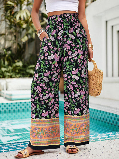 Pantalon Palazzos Floral Taille Haute à Jambes Larges pour L'Été