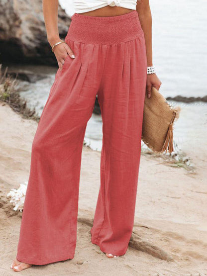 Smocked High Waist Cotton Textured Palazzo Pants for Summer