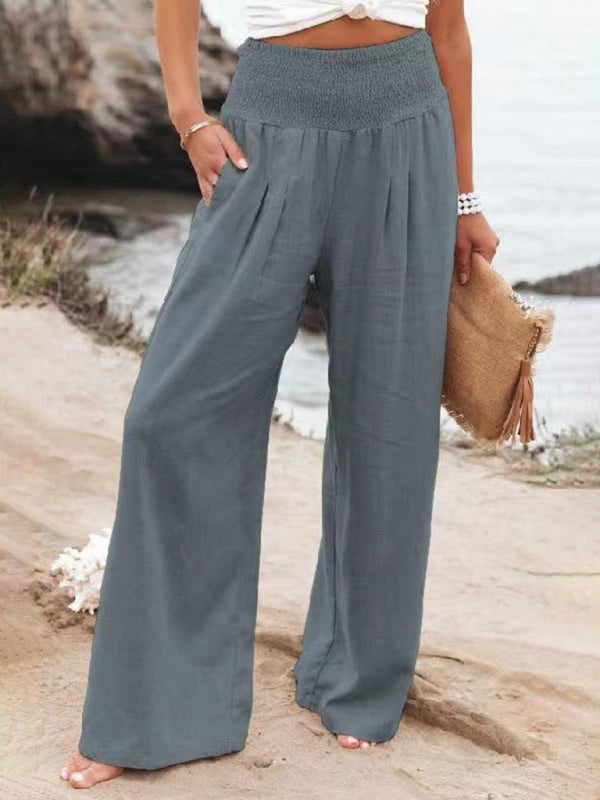 Smocked High Waist Cotton Textured Palazzo Pants for Summer