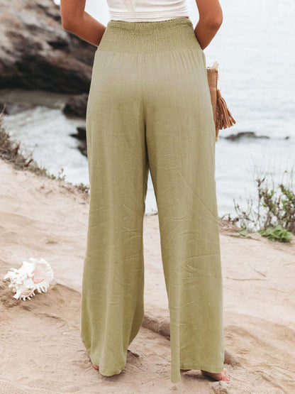 Pantalon Palazzo smocké taille haute en coton texturé pour l'été