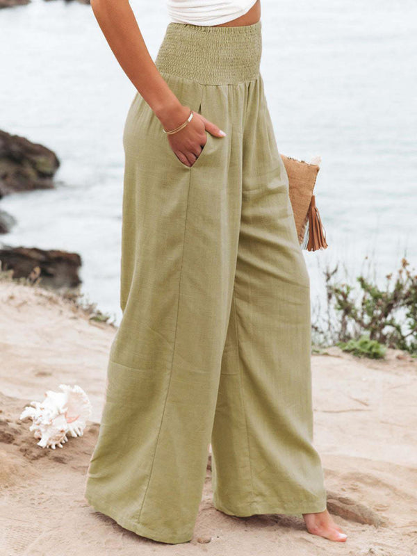 Smocked High Waist Cotton Textured Palazzo Pants for Summer