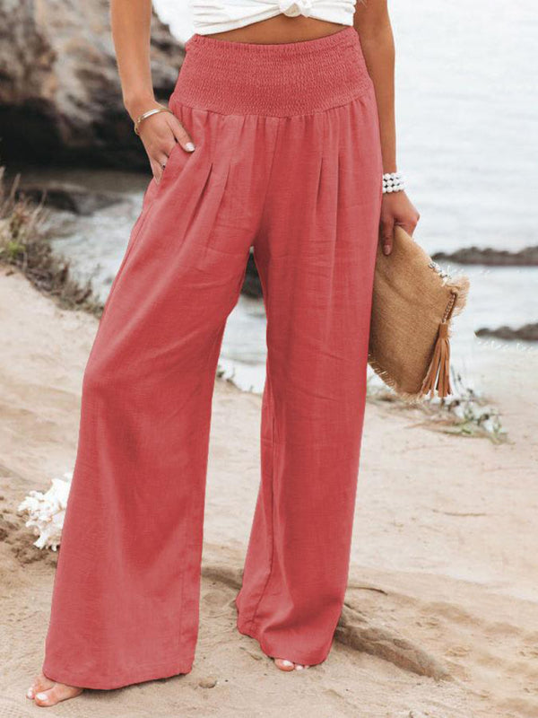 Smocked High Waist Cotton Textured Palazzo Pants for Summer