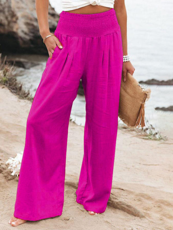 Smocked High Waist Cotton Textured Palazzo Pants for Summer